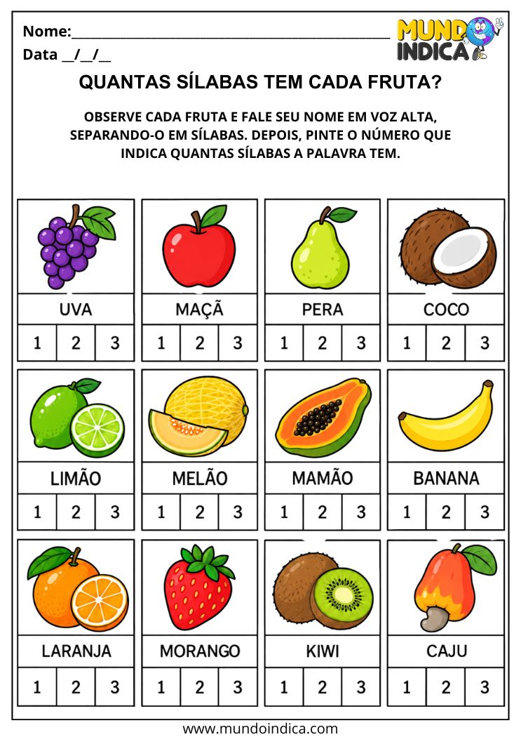 Atividade para Contar as Sílabas das Frutas