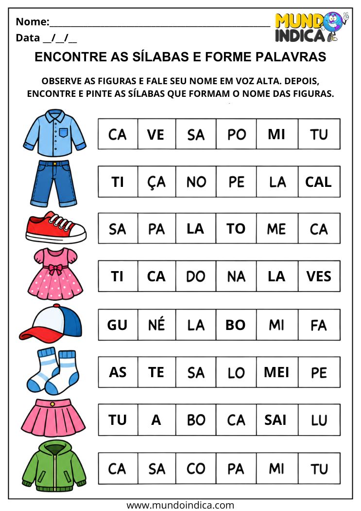 Atividade para Pintar as Sílabas que Formam os Nomes das Roupas
