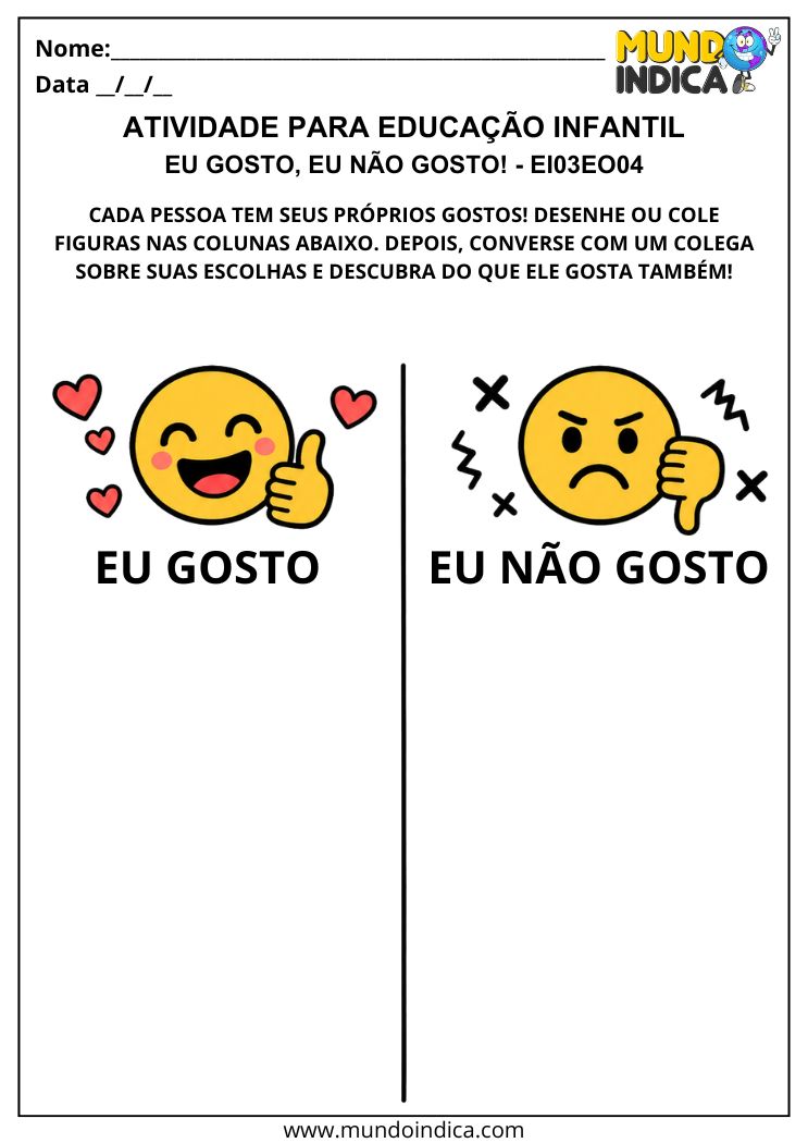Atividade Eu Gosto e Não Gosto com dois quadros para desenhar ou colar figuras sobre preferências pessoais