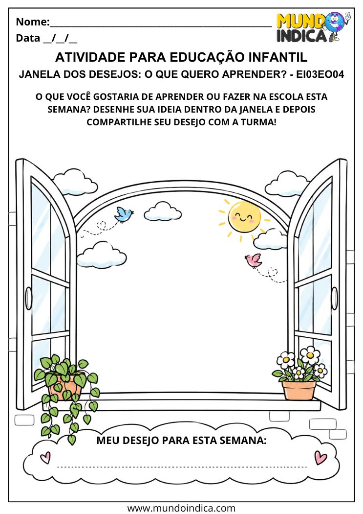 Atividade Janela dos Desejos para desenhar o que a criança deseja aprender ou fazer na escola