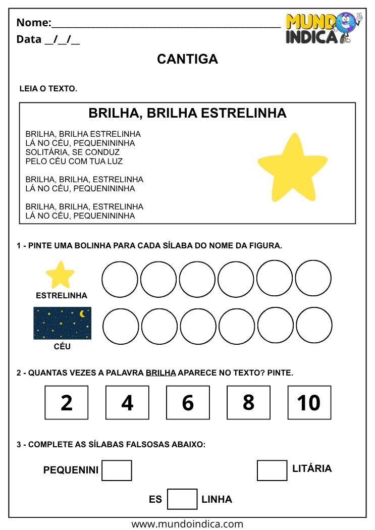 Atividade com Cantiga Brilha Brilha Estrelinha para Imprimir