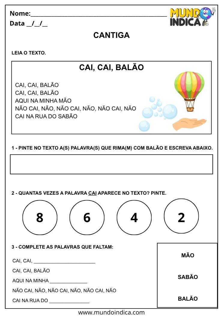 Atividade com Cantiga Cai Cai Balão para Imprimir