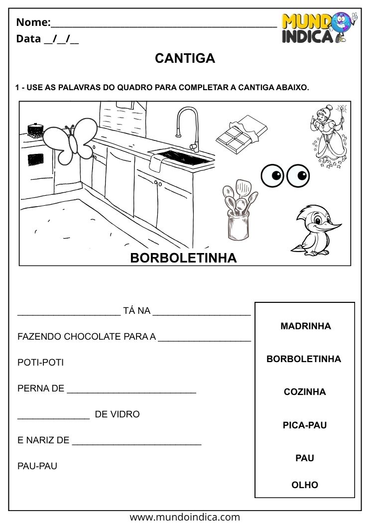 Atividade com Cantiga da Borboletinha para Imprimir