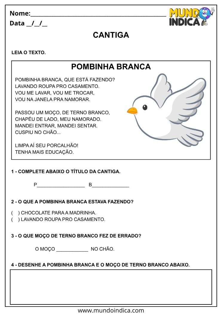 Atividade com Cantiga da Pombinha Branca para Imprimir