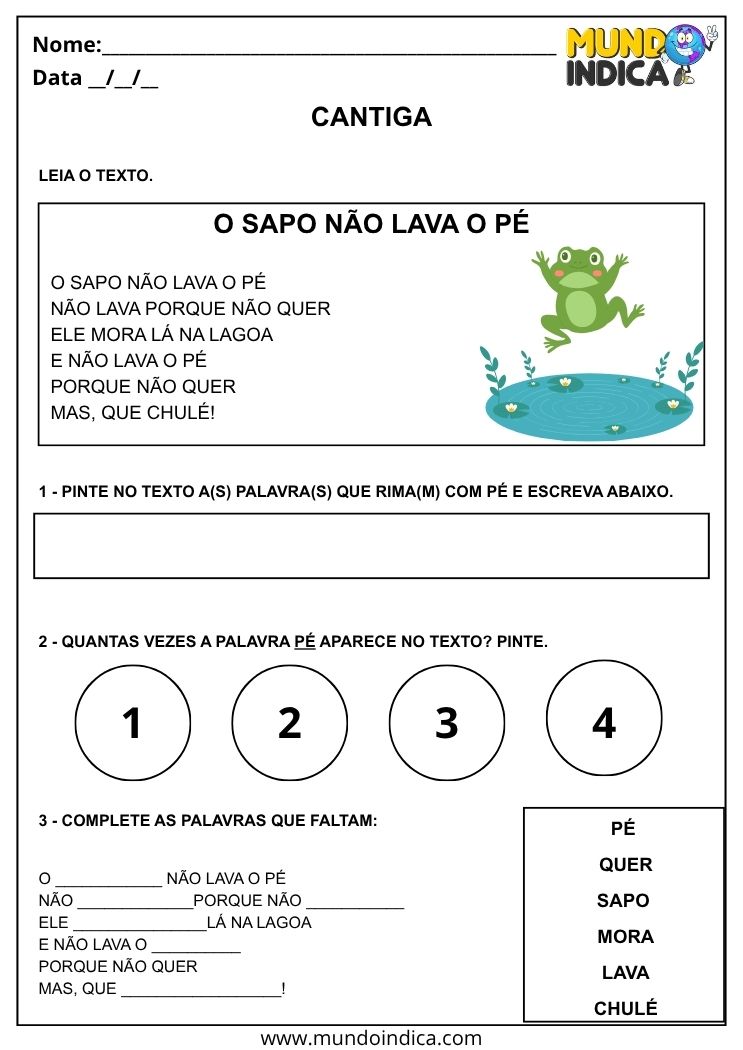 Atividade com Cantiga do Sapo não Lava o Pé para Imprimir