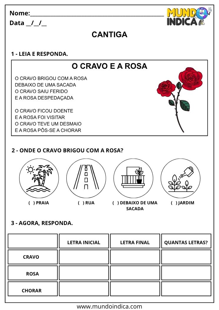Atividade com Cantiga o Cravo e a Rosa para Imprimir