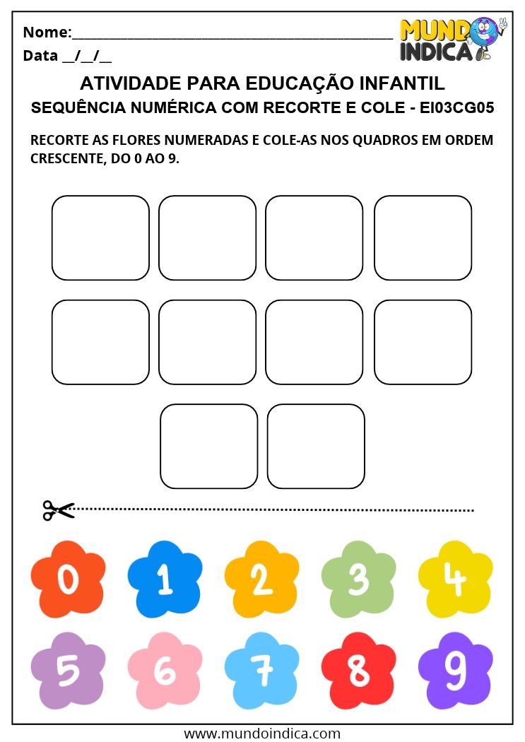 Atividade com Sequência Numérica de 0 a 9 para Recortar e Colar