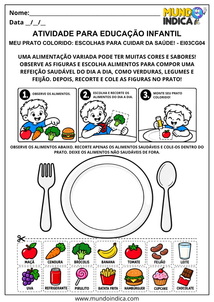 Atividade de alimentação saudável com prato vazio e figuras de frutas, verduras, feijão e outros alimentos para recortar e colar