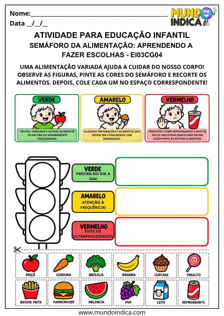 Atividade sobre alimentação com semáforo colorido e figuras de alimentos para recortar e classificar