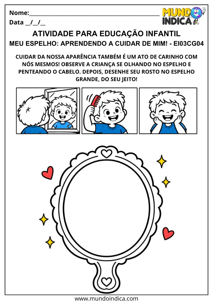 Atividade sobre autocuidado e aparência com cenas de criança diante do espelho e espaço para desenhar o próprio rosto