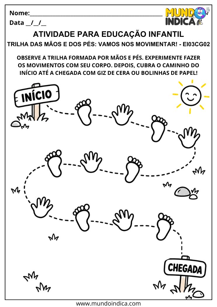 Atividade de coordenação corporal com trilha pontilhada formada por mãos e pés, do início até a chegada