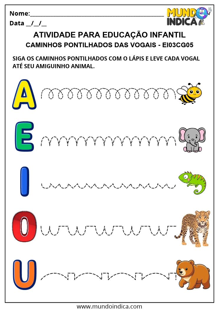 Atividade de Coordenação Motora com Caminhos Pontilhados das Vogais até os Animais