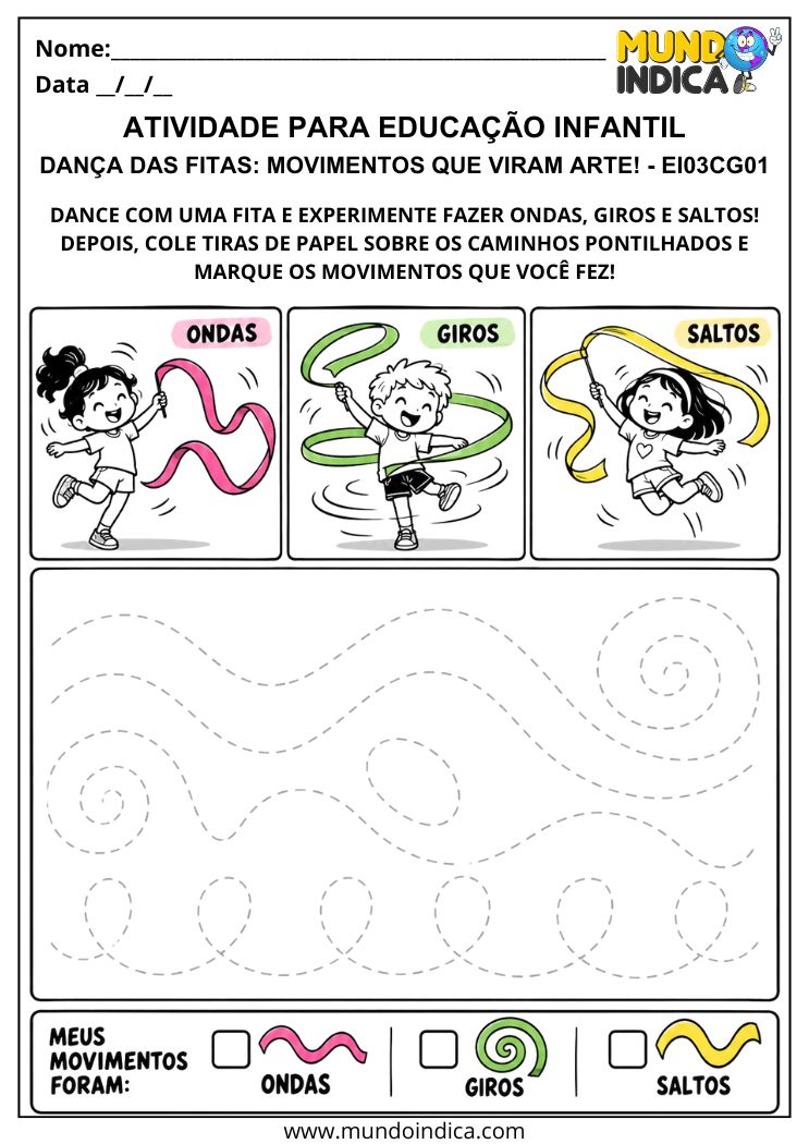 Atividade de dança com fitas, mostrando ondas, giros e saltos, com caminhos pontilhados para colagem e identificação dos movimentos