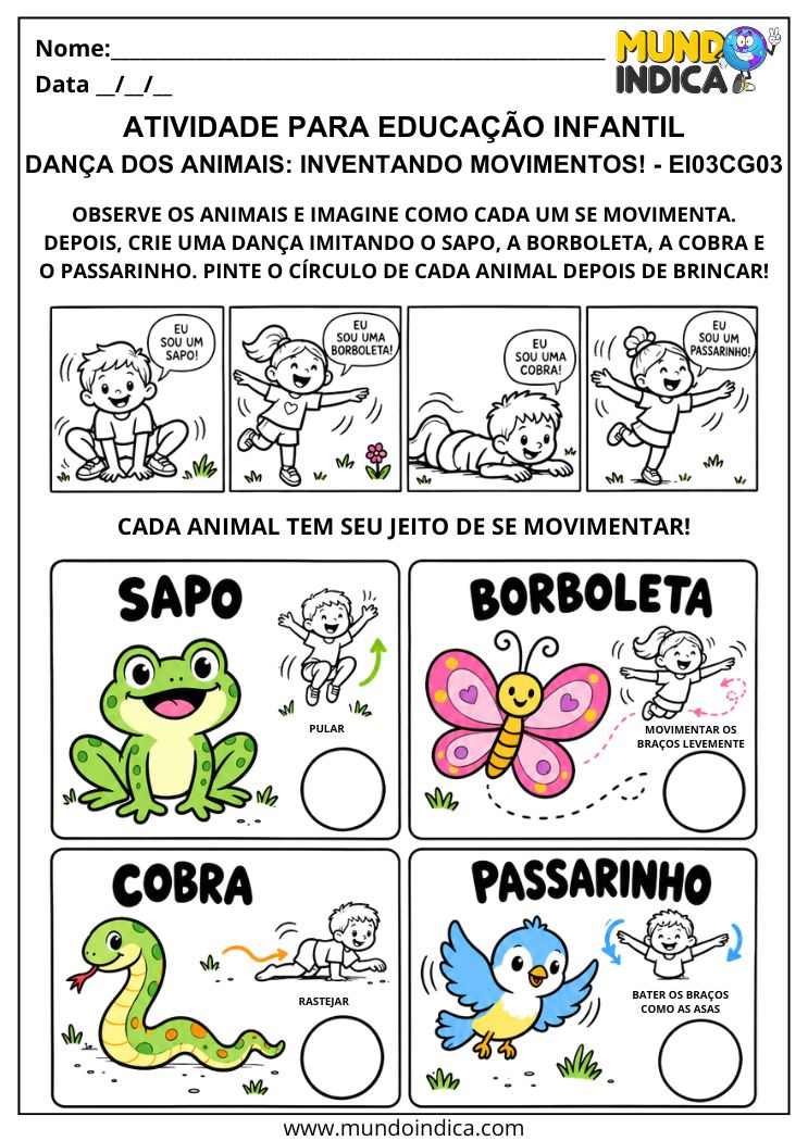 Atividade Dança dos Animais com sapo, borboleta, cobra e passarinho para criar movimentos e marcar os animais representados