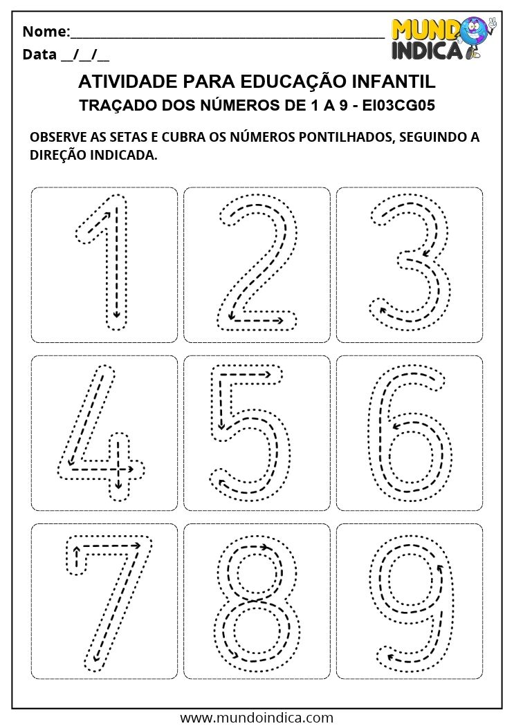 Atividade de Educação Infantil para Cobrir os Números de 1 a 9 Pontilhados