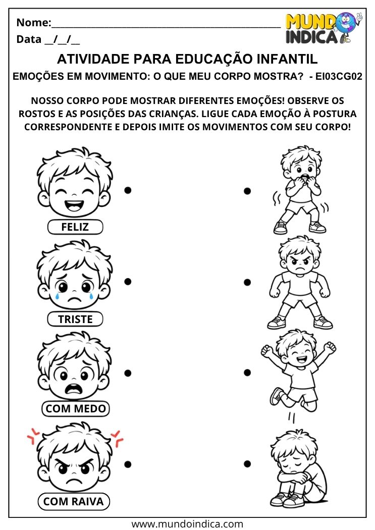 Atividade para ligar emoções às posturas corporais, com rostos de crianças felizes, tristes, assustadas e com raiva