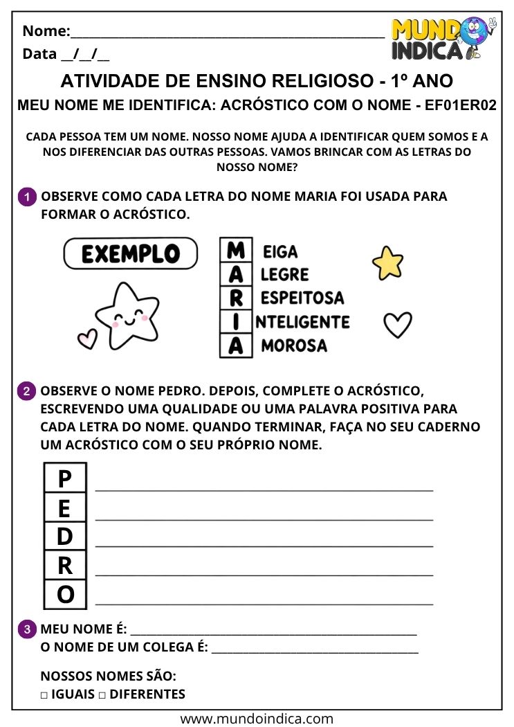 Atividade de Ensino Religioso 1º ano com acróstico do nome para trabalhar identidade, qualidades e nomes dos colegas