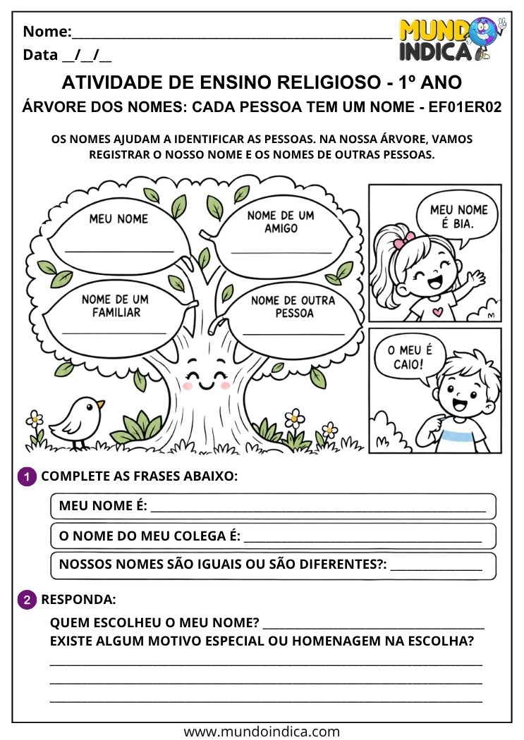 Atividade de Ensino Religioso 1º ano com árvore dos nomes para registrar o próprio nome, familiares e amigos
