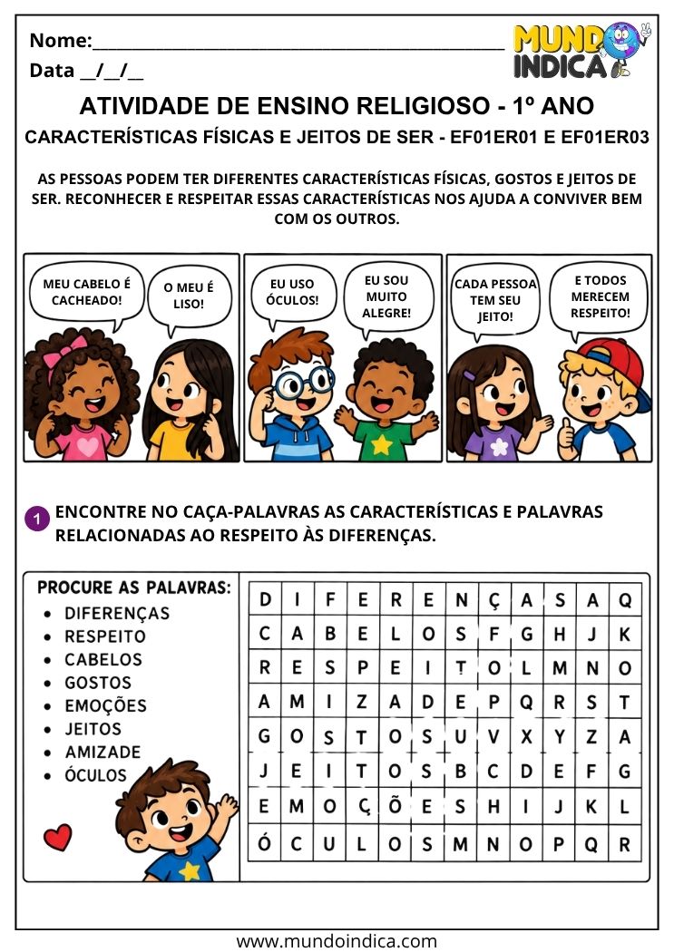 Atividade de Ensino Religioso 1º ano com caça-palavras sobre características físicas, jeitos de ser e respeito às diferenças