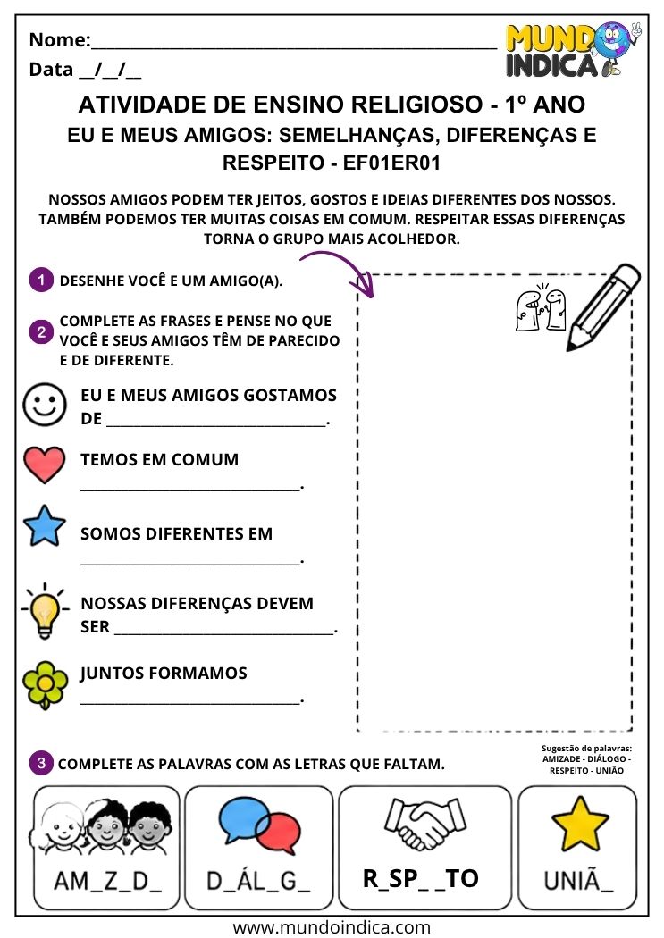 Atividade sobre amigos, diferenças, respeito e convivência