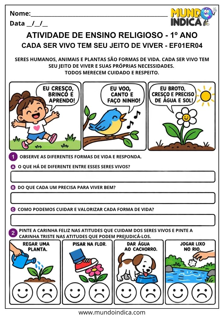 Atividade de Ensino Religioso 1º ano sobre necessidades dos seres vivos e atitudes de cuidado com pessoas, animais e plantas