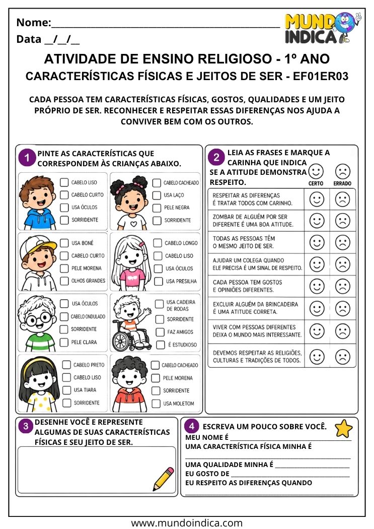 Atividade de Ensino Religioso 1º ano para identificar características físicas, jeitos de ser e atitudes de respeito