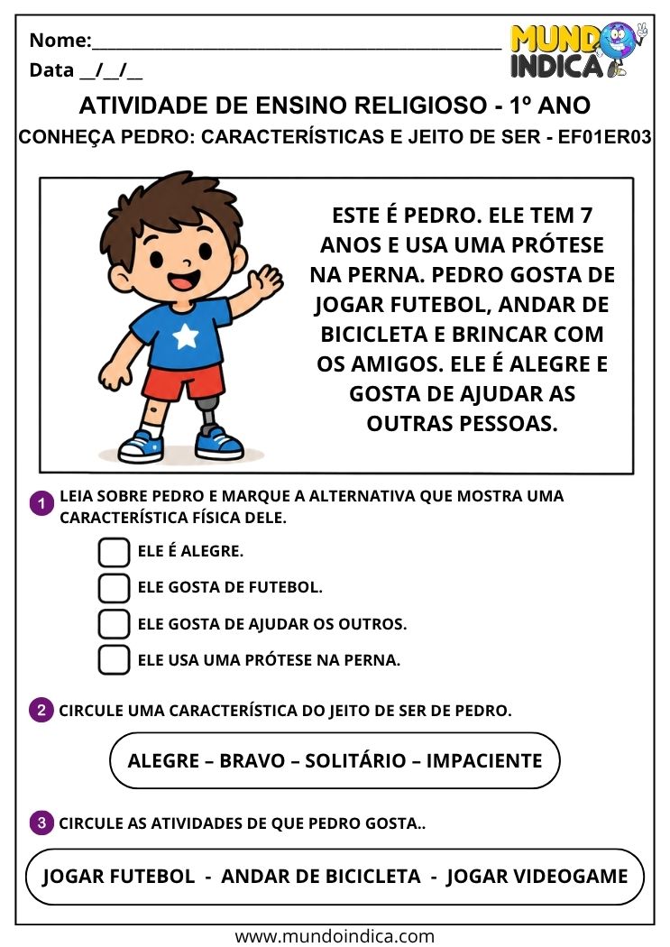 Atividade de Ensino Religioso 1º ano sobre características físicas e subjetivas de Pedro, seus gostos e jeito de ser