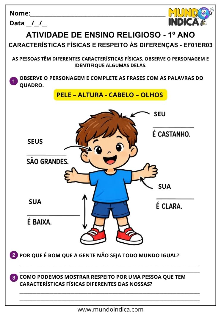 Atividade de Ensino Religioso 1º ano sobre pele, altura, cabelo, olhos e respeito às diferenças físicas
