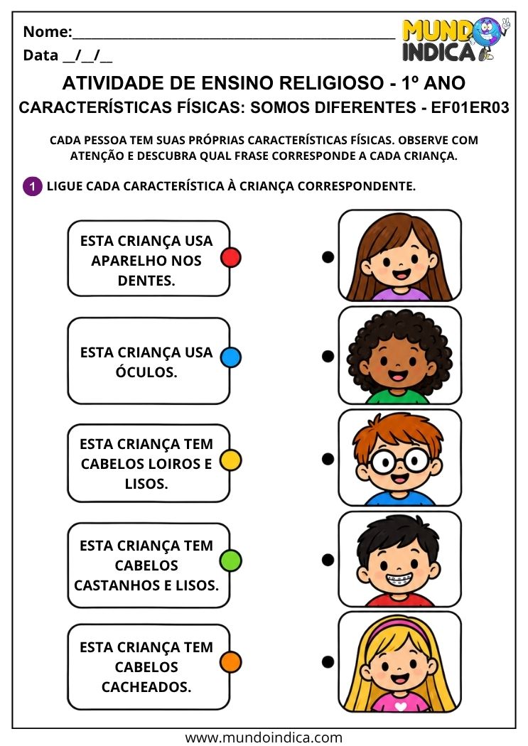 Atividade de Ensino Religioso 1º ano para ligar características físicas às crianças correspondentes