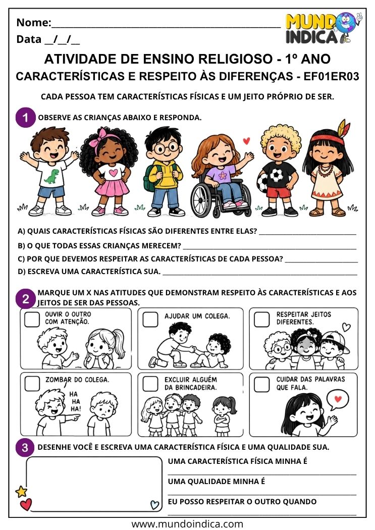 Atividade de Ensino Religioso 1º ano sobre características físicas, qualidades e atitudes de respeito às diferenças