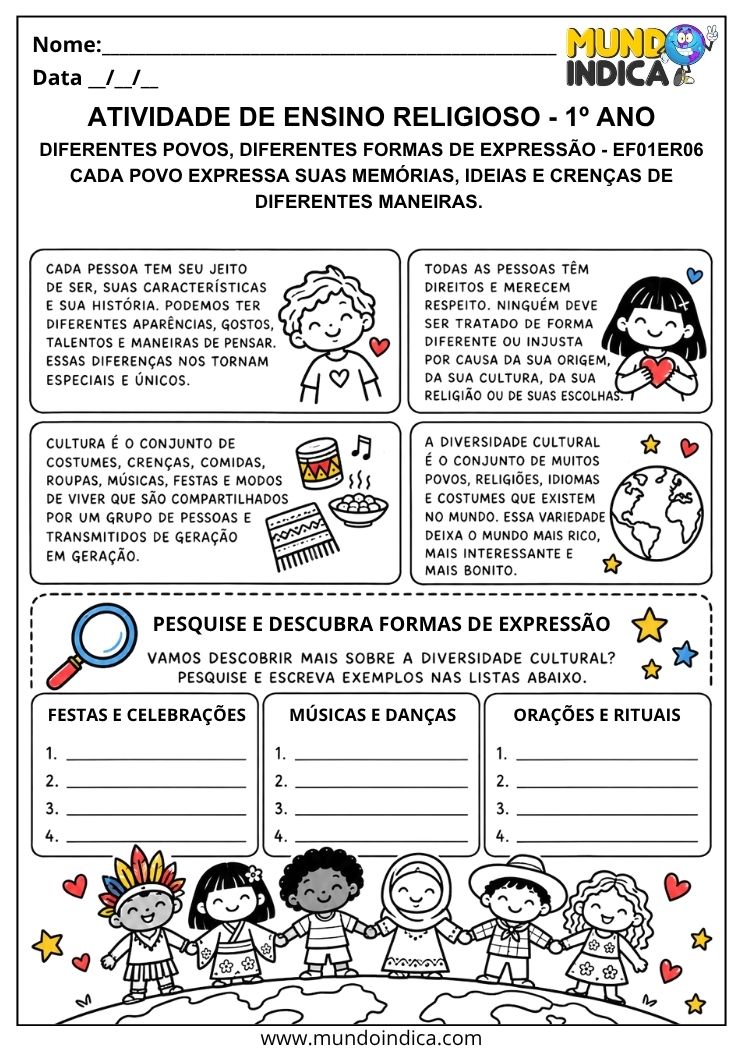 Atividade de Ensino Religioso 1º ano sobre diferentes povos, culturas, festas, músicas, danças, orações e rituais