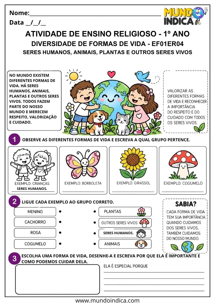Atividade de Ensino Religioso 1º ano sobre diversidade de formas de vida com seres humanos, animais, plantas e outros seres vivos