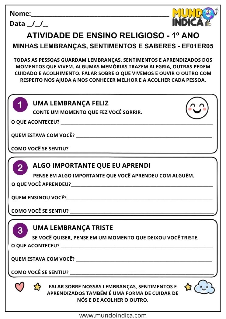 Atividade de Ensino Religioso 1º ano para registrar lembranças, sentimentos e saberes aprendidos com outras pessoas