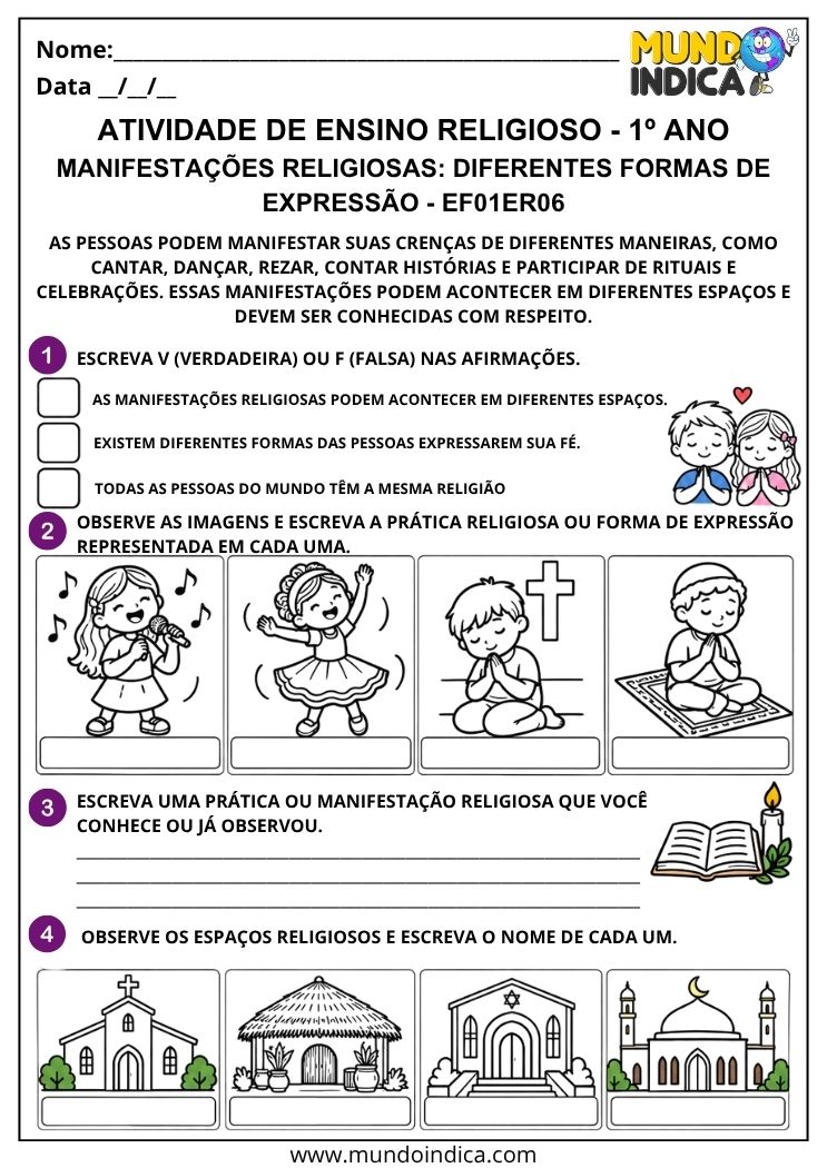 Atividade de Ensino Religioso 1º ano sobre manifestações religiosas, práticas de fé e diferentes espaços religiosos