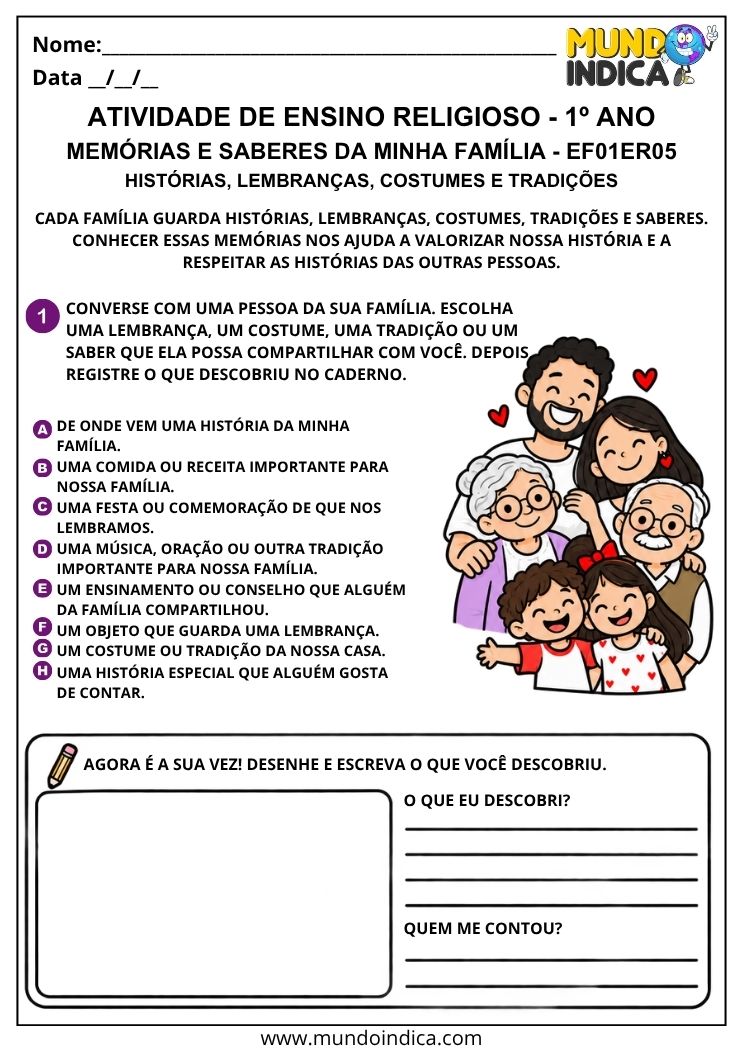 Atividade de Ensino Religioso 1º ano sobre memórias, histórias, costumes, tradições e saberes da família