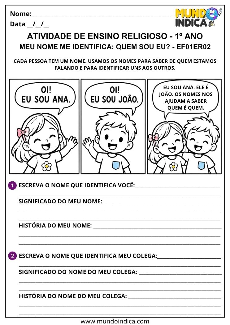 Atividade de Ensino Religioso 1º ano sobre meu nome, identidade, significado e história do nome