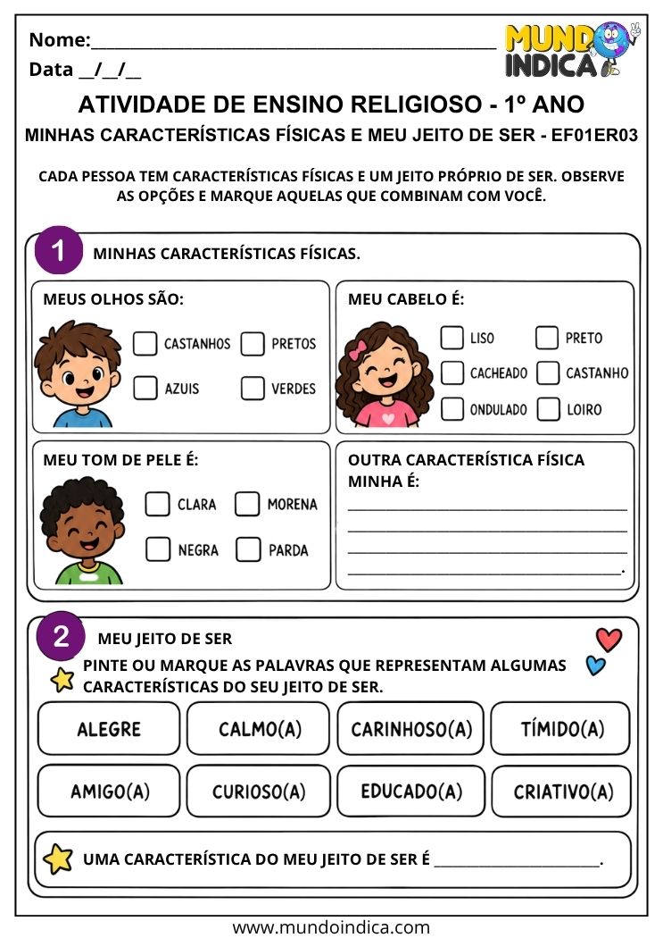 Atividade de Ensino Religioso 1º ano sobre características físicas, qualidades e jeito de ser da própria criança