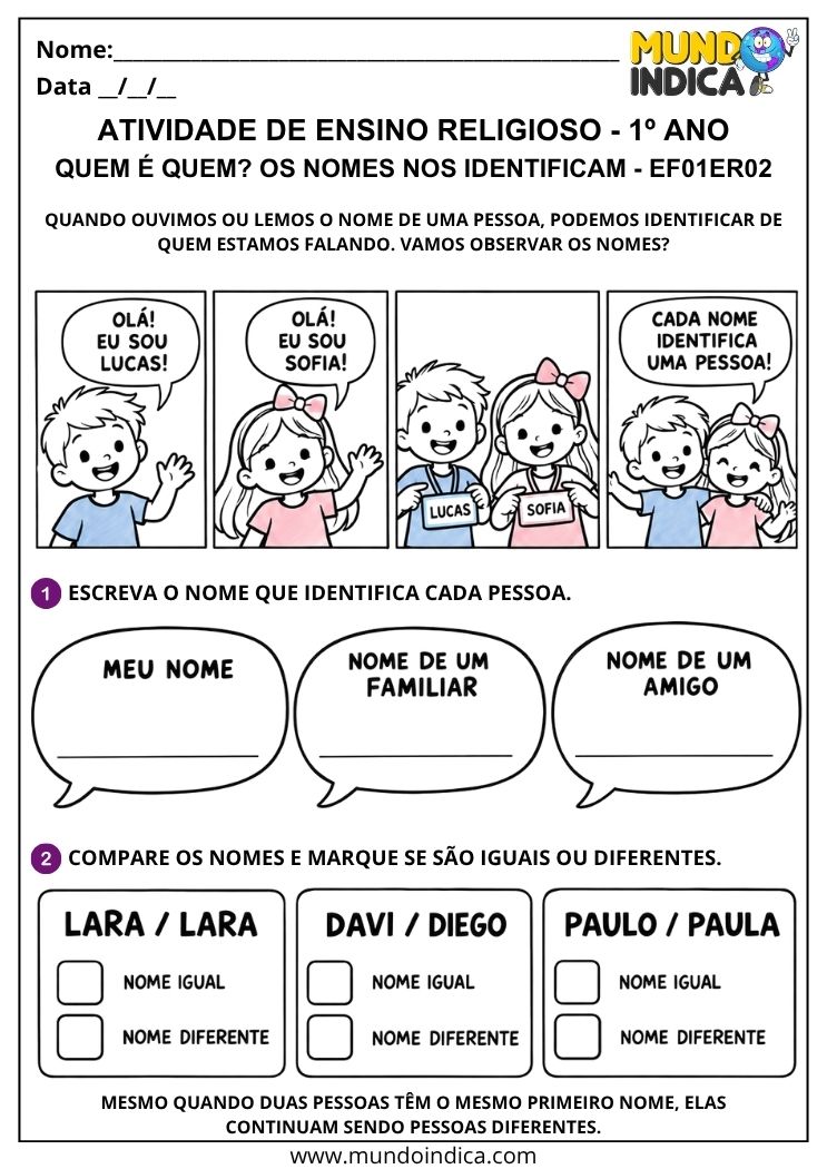 Atividade de Ensino Religioso 1º ano para comparar nomes iguais e diferentes e identificar cada pessoa
