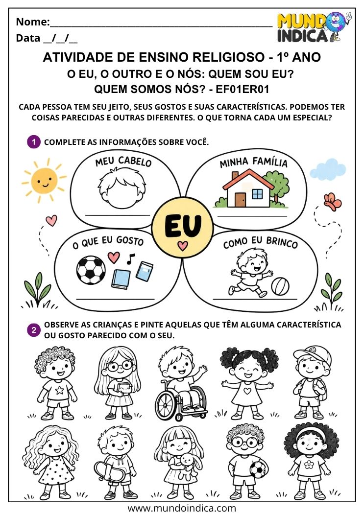 Atividade sobre o Eu, o Outro e o Nós com características pessoais, gostos e família
