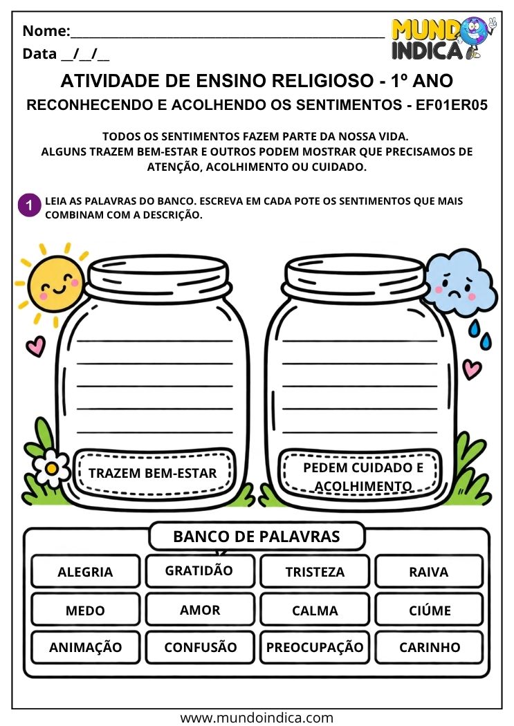 Atividade de Ensino Religioso 1º ano para reconhecer e acolher sentimentos como alegria, tristeza, medo, raiva, carinho e preocupação
