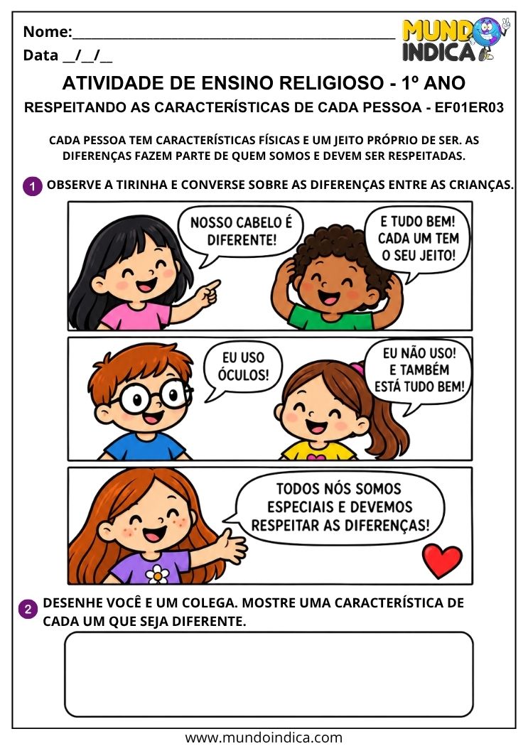 Atividade de Ensino Religioso 1º ano com tirinha sobre diferenças físicas e respeito às características de cada pessoa