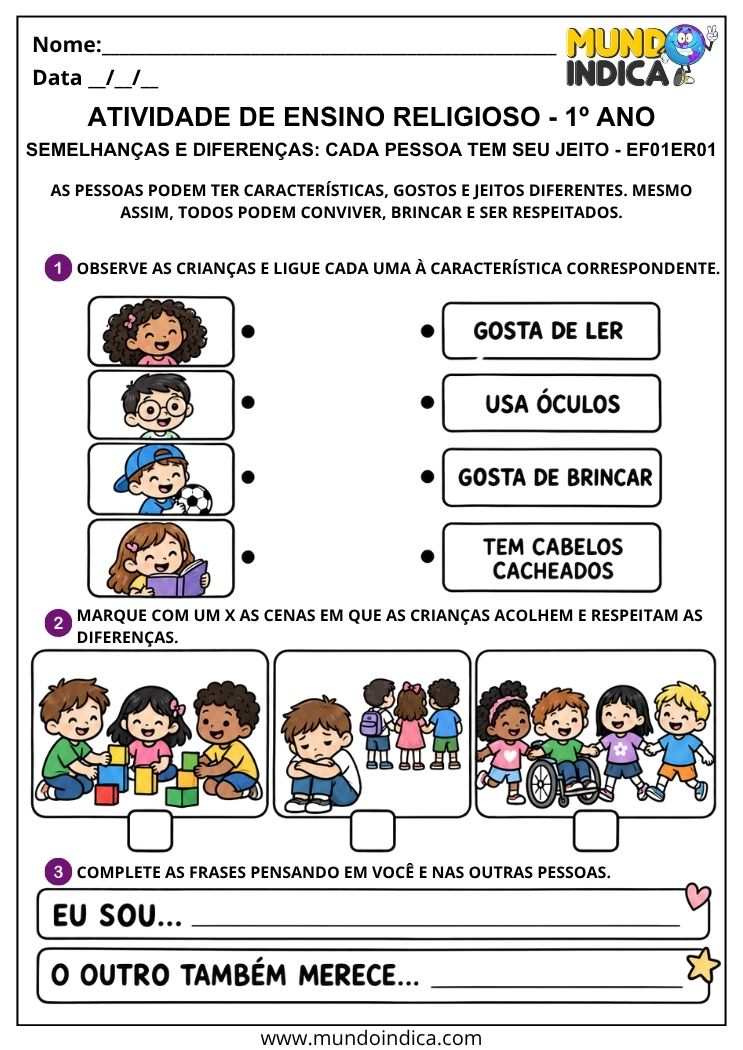 Atividade sobre semelhanças e diferenças entre crianças para o 1º ano