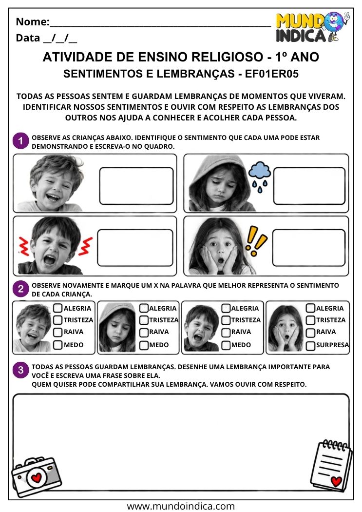 Atividade de Ensino Religioso 1º ano para identificar sentimentos nas expressões das crianças e registrar uma lembrança importante