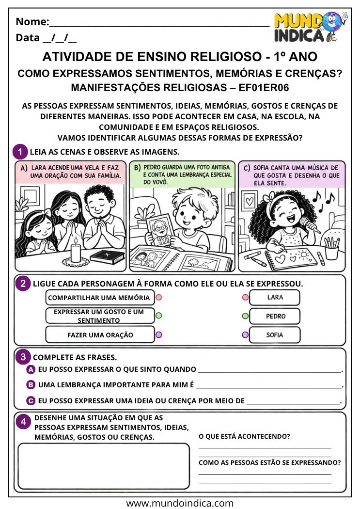 Atividade de Ensino Religioso 1º ano sobre formas de expressar sentimentos, memórias, gostos e crenças em diferentes situações