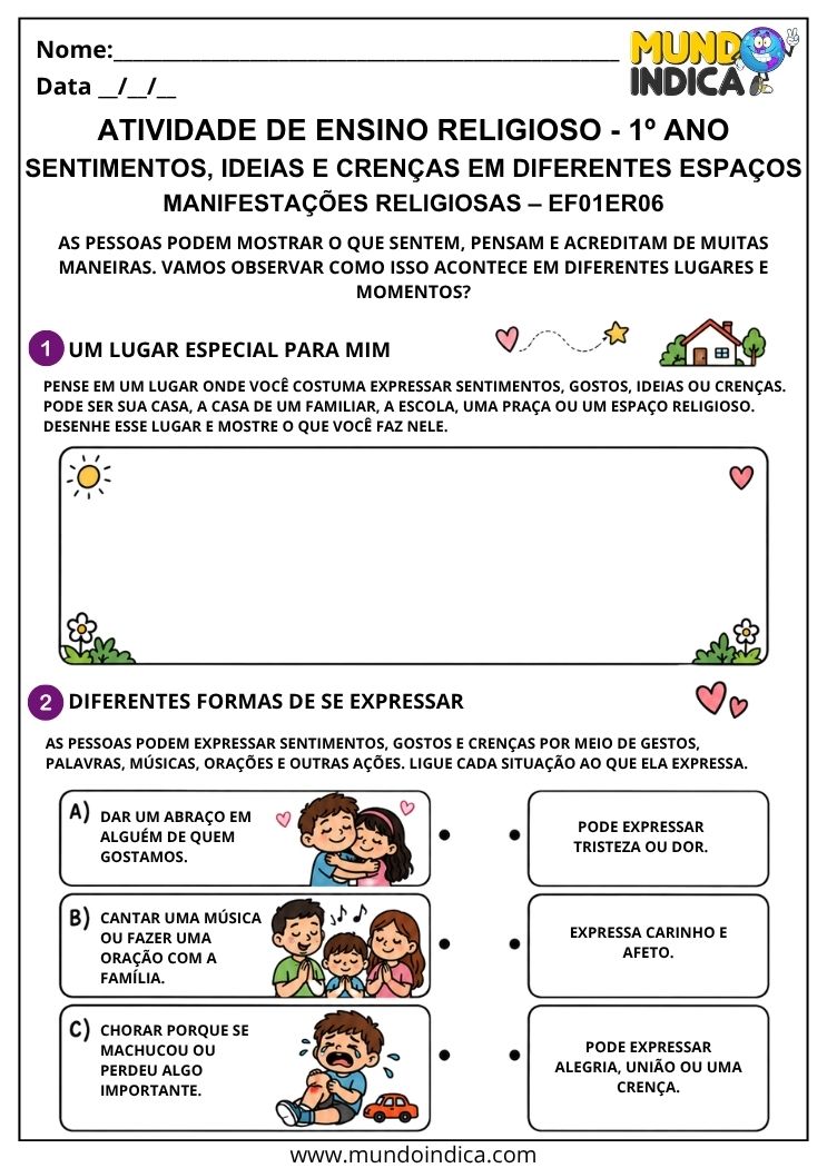 Atividade de Ensino Religioso 1º ano sobre sentimentos, ideias, gostos e crenças expressos em casa, na escola e em outros espaços