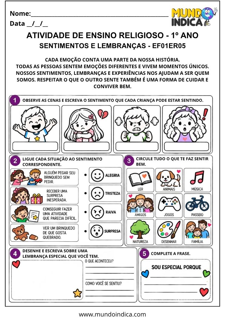 Atividade de Ensino Religioso 1º ano sobre sentimentos e lembranças para identificar emoções, ligar situações, desenhar e escrever