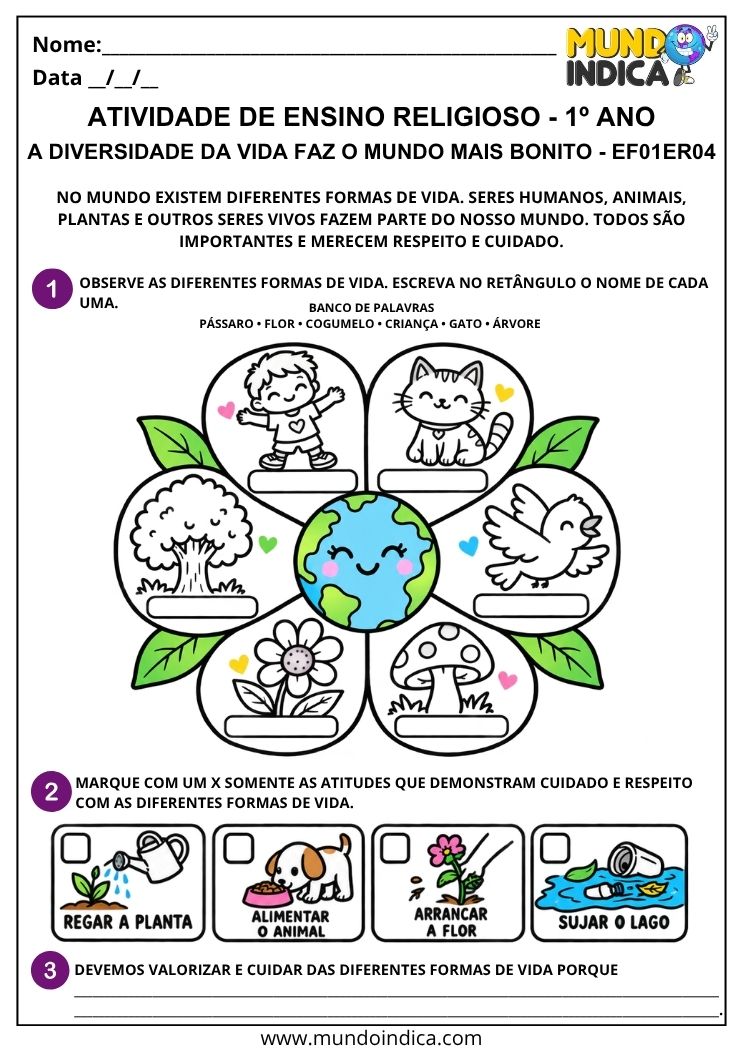 Atividade de Ensino Religioso 1º ano para identificar diferentes formas de vida e atitudes de cuidado e respeito aos seres vivos