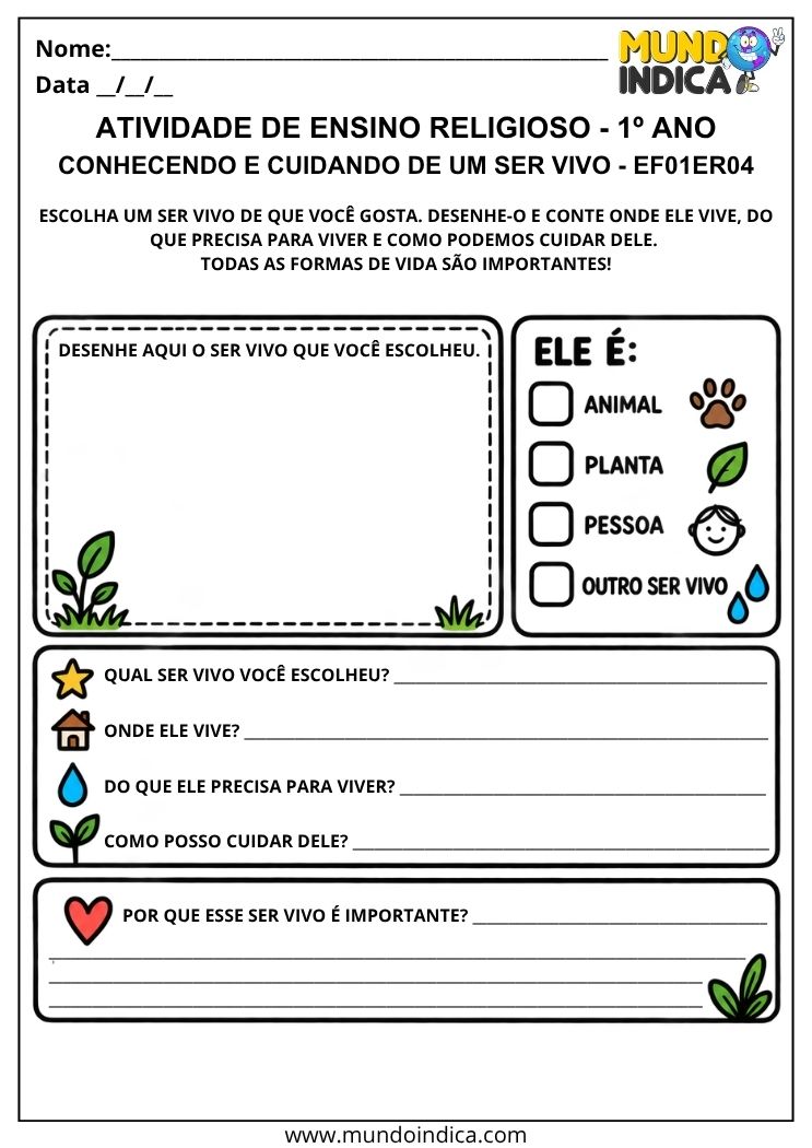 Atividade de Ensino Religioso 1º ano para escolher um ser vivo, desenhar, identificar onde vive, do que precisa e como cuidar