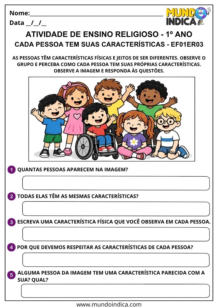 Atividade de Ensino Religioso 1º ano para observar características físicas diferentes e refletir sobre respeito
