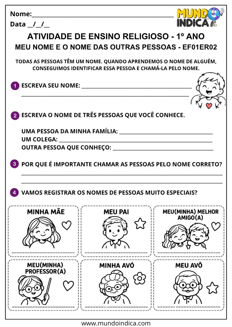 Atividade de Ensino Religioso 1º ano para escrever o próprio nome e os nomes de familiares e amigos e entender sua importância
